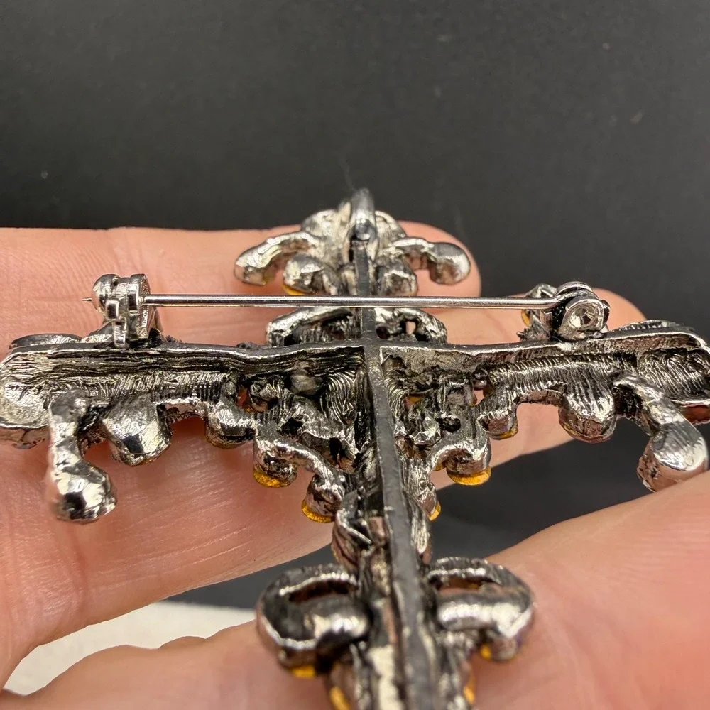 Rhinestone Cross Brooch Silver Tone Purple Pink Pendant Bale
